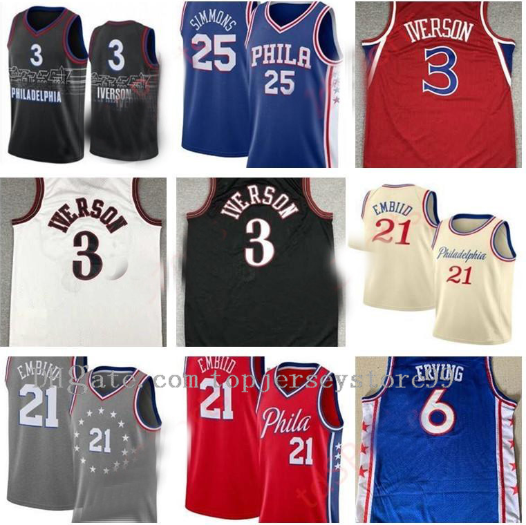 

2021 Professional Mens Joel 21 Embiid Mens Ben 25 Simmons Allen 3 Iverson Julius 6 Erving city basketball jersey Size S-2XL Quick Dry