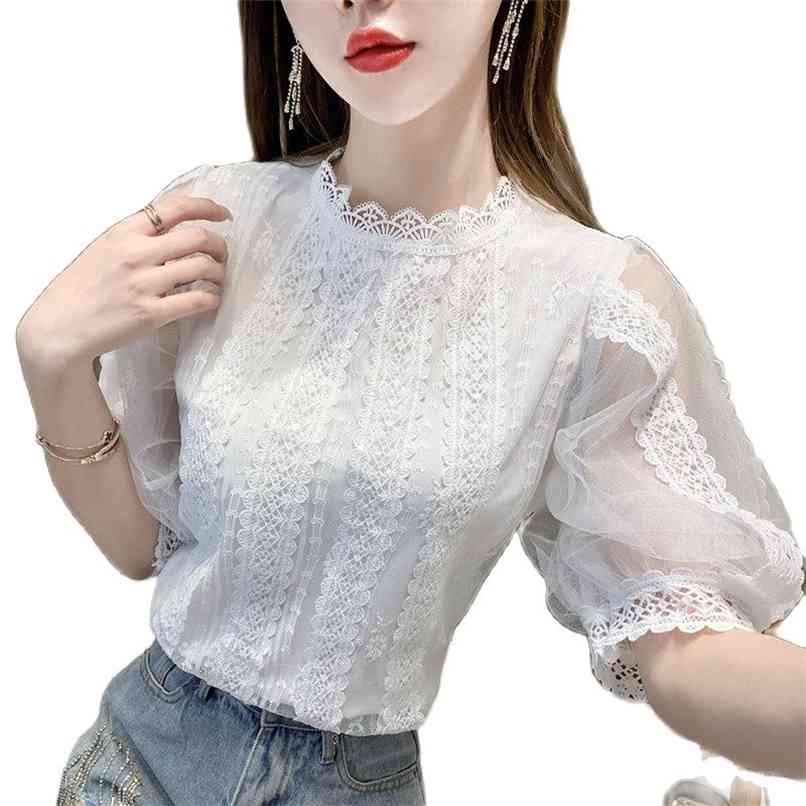

Fashion women's lace blouse summer style crocheted hollow short puff sleeve temperament 210520, Apricot