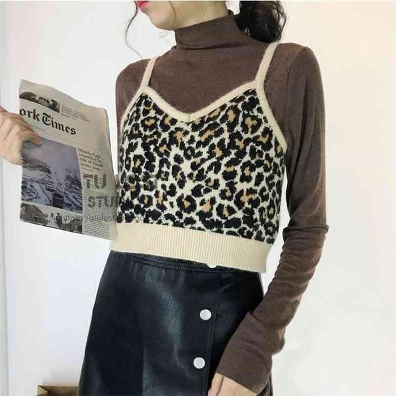 

Crop Tops Women Fashion Soft Warm Leopard Vest Sleeveless Knitted Short Tank Knitwear Sweater Backless Coat Femme Print 210517, Yellow