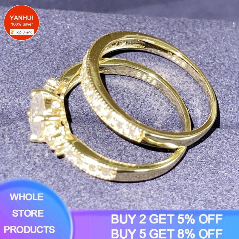 

Cluster Rings 14K Yellow Gold 2.0 S Diamond Sets For Women Luxury Engagement Bizuteria Anillos CZ Gemstone 925 Silver Wedding Bnad, Golden;silver