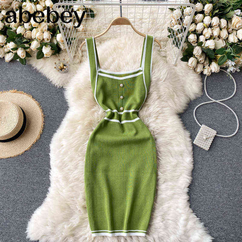 Women Knitted Strap Dress Korean Sleeveless Slim Pencil Dresses Summer Fashion Sexy Off Shoulder Bodycon Short Dress G1214-image-746291001