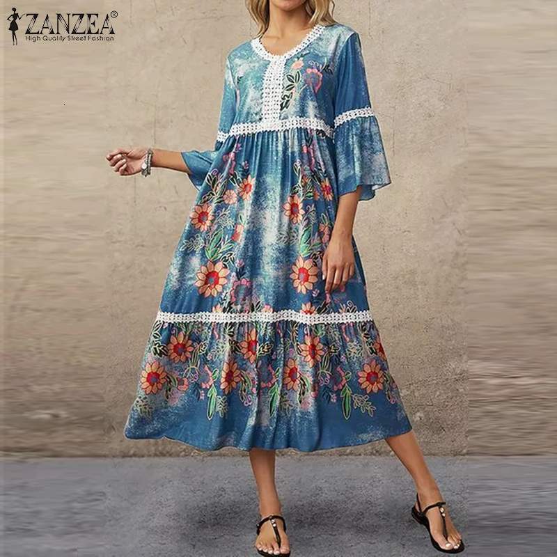 

Casual Dresses Holiday Floral Dress Sexy V Neck Flare Sleeve Robe ZANZEA Women Vestidos Bohemian Printed Lace Crochet Sundress Ove, Blue