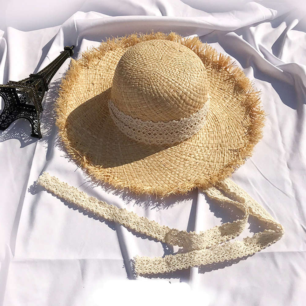 

Sun hat summer parent-child foldable Lafite woven straw lace ribbon beach eaves sunscreen hat, Blue;gray