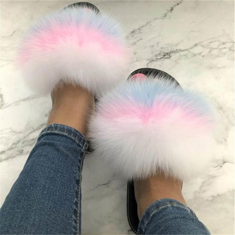 

Kids Snug Flats Slippers Real Fur Slides For Woman 2021 Summer Extra Fluffy Slide Furry Luxury Girls Sandals Women Shoes, As shown