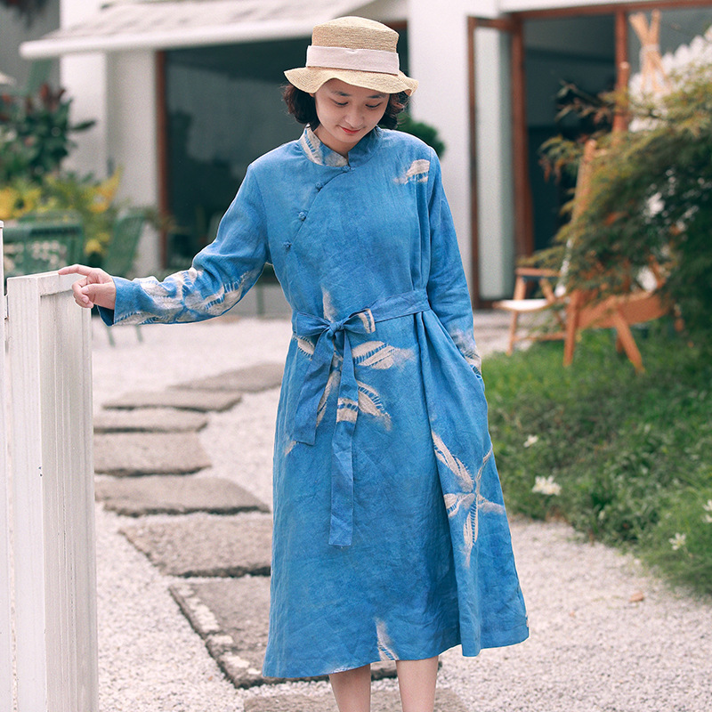 

Johnature Autumn Cotton Linen Retro Printed Stand Plate Buckle Long Sleeve Dress Loose Comfortable Women Fashion Dress 210521, Blue