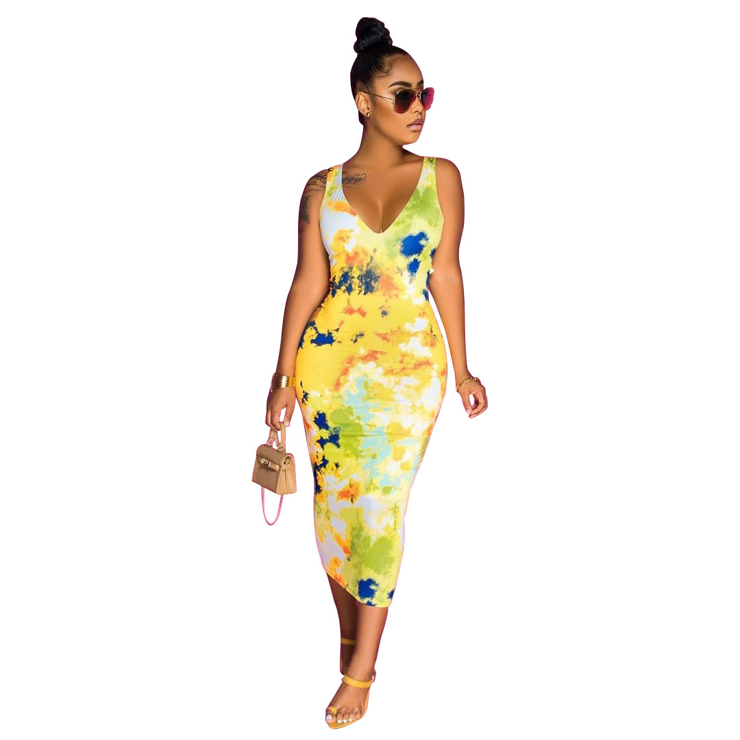 

Womens Tie Dye Bodycon Dress Sexy V Neck Backless Sleeveless Dress Summer Vestidos Patchwork Pencil Dress, Black;gray