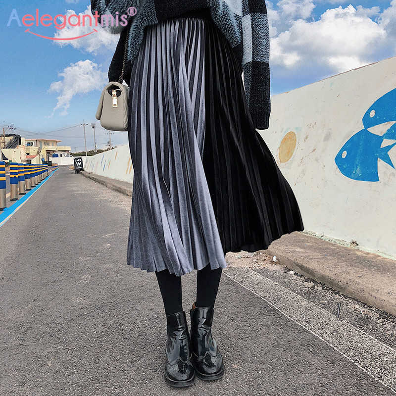 

Aelegantmis Spring Korean Loose Velvet High Waist Pleated Skirt Women Autumn Color Block Patchwork Long Female Soft Warm 210607, Pink