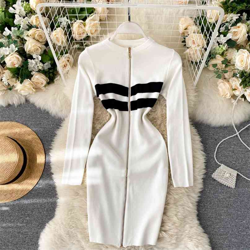 

Striped Knit Zipper Front Mini Bodycon Sweater Dress Women Vintage Slim Fit Sheath Long Sleeve Sexy Party Elegant 210603, Navy blue