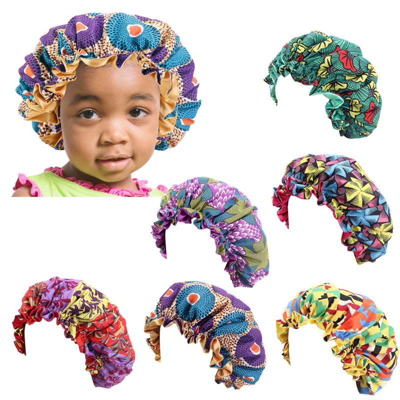 

Kids Satin Bonnet Adjustable Sleeping Cap Soft Silk Flower Night Hats for Natural Hair Teens Toddler Child Baby Reversible African batik print double round hat, Customize