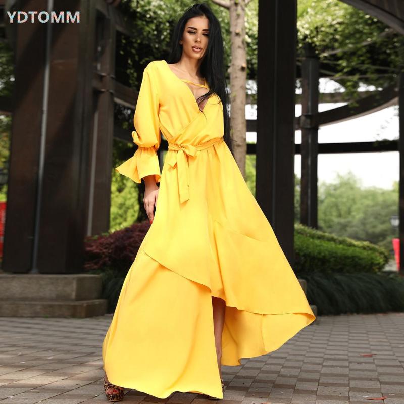 

Casual Dresses Summer Fashion Solid Color V-Neck Yellow Women Plus Size Asymmetrical Ruffle Robe Longue Femme Wrap Dress Elegant