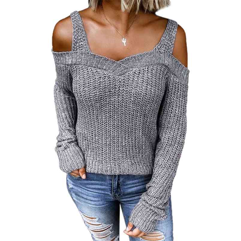 

Spring Autumn Ladies Sexy Off-Shoulder Knitted Sweater Women Long Sleeve V-Neck Pullover Grey Loose Kobieta Swetry 210604, Khaki