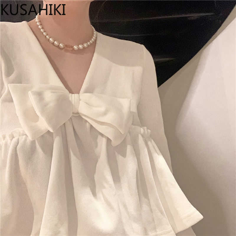 

KUSAHIKI Blouse Women Sweet Bowknot V-neck Tops Spring Long Sleeve Doll Shirt Causal Korean Short Blusas Feminimo 6F859 210602, Red