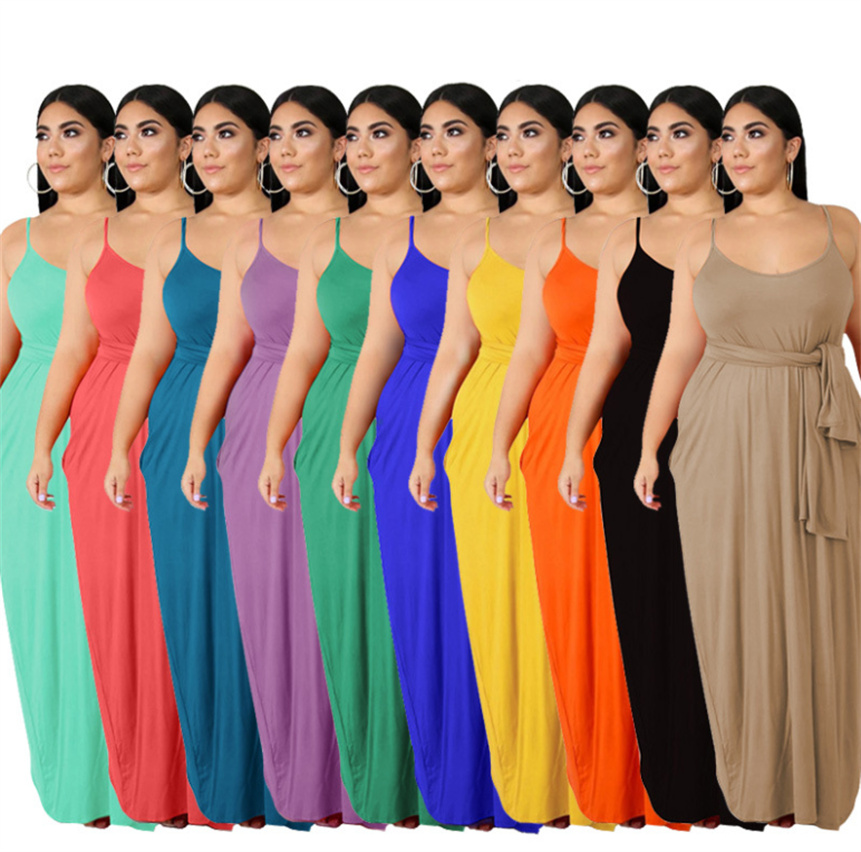 4X 5X Femmes Robes De Taille Plus Avec Bandeau Vêtements D'été Sexy Spaghetti Sangle Sans Manches Maxi Jupes Mode Couleur Unie Robe Lâche 5361