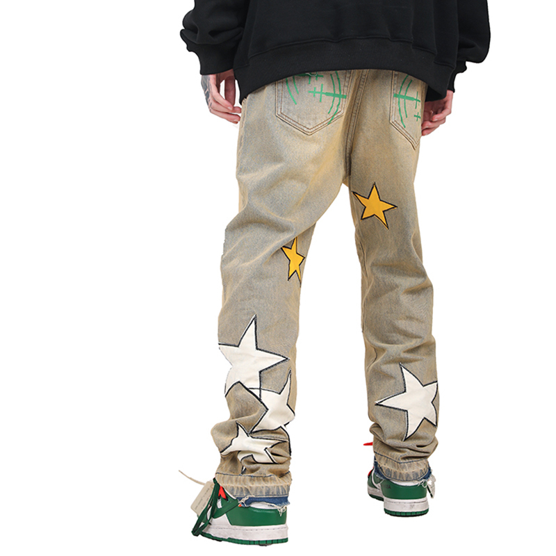 

High Street Embroidery Casual Jeans Mens Straight Washed Oversize Loose Denim Trousers, Black