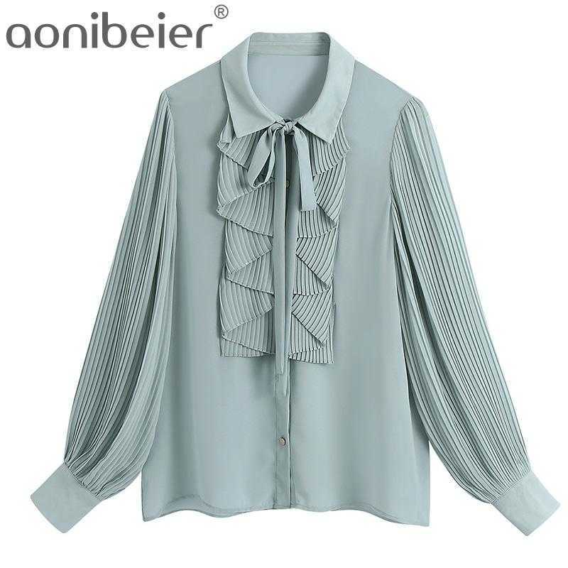 

Women Cascading Ruffle Chiffon Shirt Casual Femme Pressed Pleat Lantern Sleeve Blouse Lady Loose Tops Blusas 210604, Light green