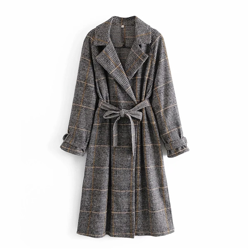

Grey Plaid Long Winter Coat Women Belt Double Breasted Sleeve Vintage Ladies Coats Elegant Overcoat Woman 210519, Gray