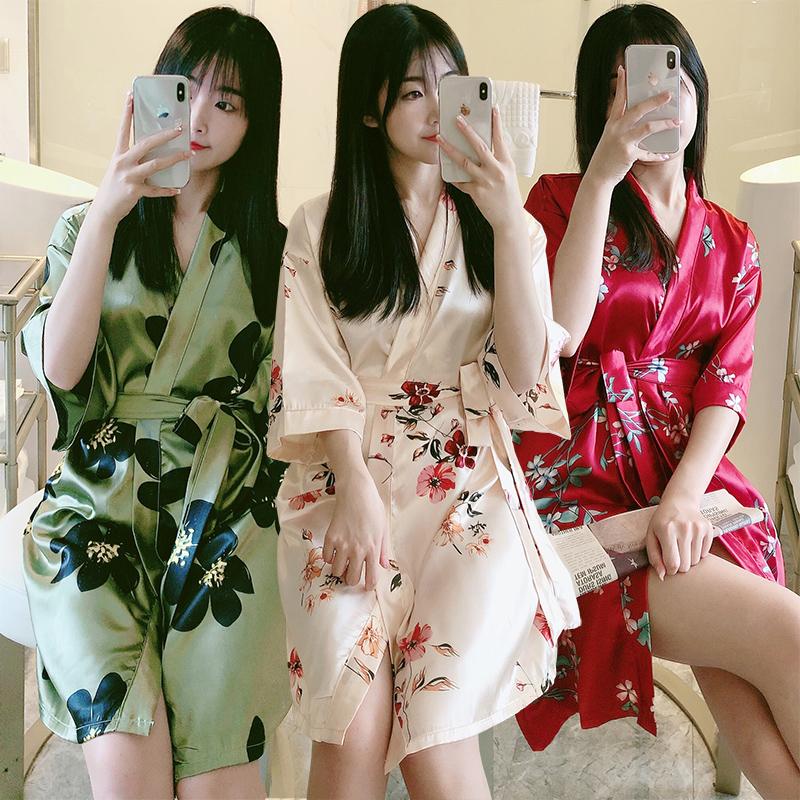 

Women' Sleepwear 2021 Summer Short Sleeve Silk Satin Kimono Robes For Women Korean Print Sexy Mini Dress Bathrobe Night Gown Home, 5004
