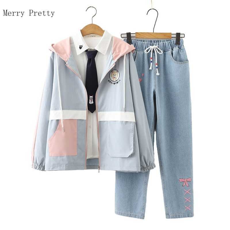 

Women's Clothing Casual Sets Pants Zipper Hooded Jackets with Denim White Blouse Tracksuit Suit Three Piece 210526