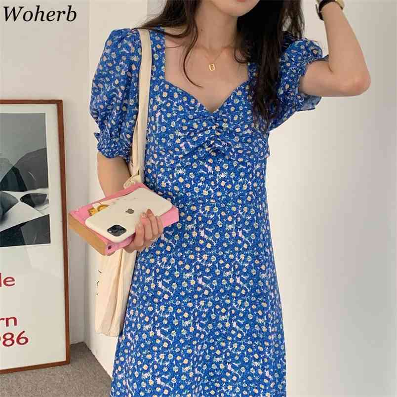 

Floral Dress for Women Summer Korean Robe Chic Square Collar Pleated Slim Vestidos Puff Sleeve Vintage Dresses 4j318 210519, Green