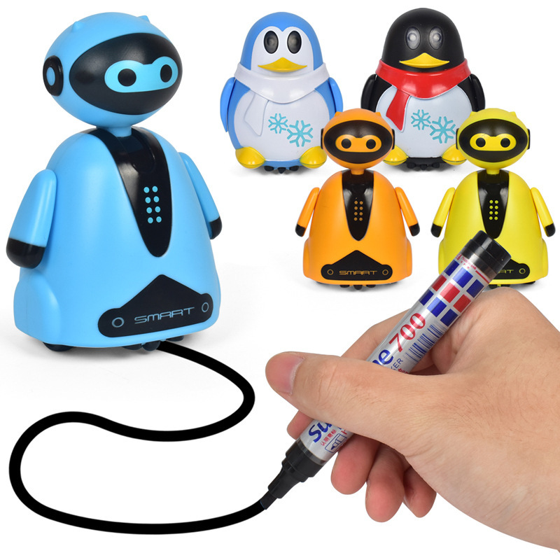 

Cute Electric Robot Toy Drawn Line Magic Pet Toy Robot Pen Inductive Animal Cat Follow Black Track Map Auto Selfie Run Pen Toys, 777-630 penguin blue