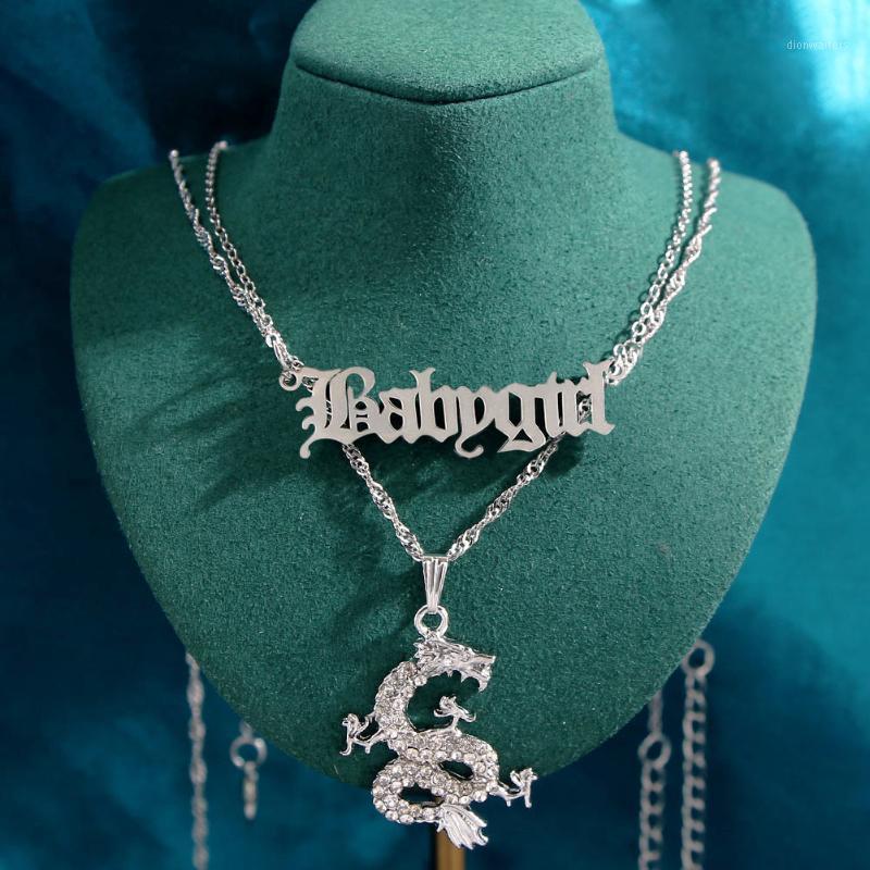 

Punk Silver Color Multilayer Crystal Dragon Chain Pendant Necklace For Women Babygirl Letters Clavicle Necklaces Gifts Jewelry Chains