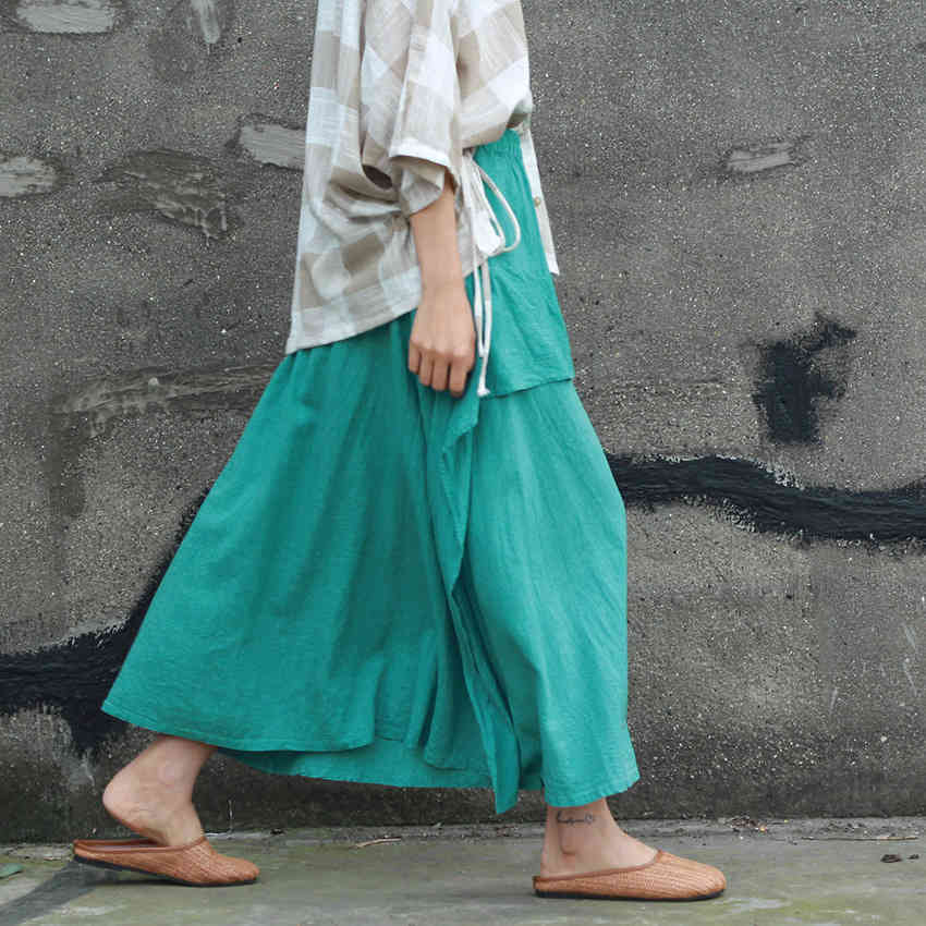 

Johnature Summer Women Irregular Pleated Skirt Vintage Solid Color Elastic Waist Ankle-length Cotton Linen Long Skirt 210521, Light green