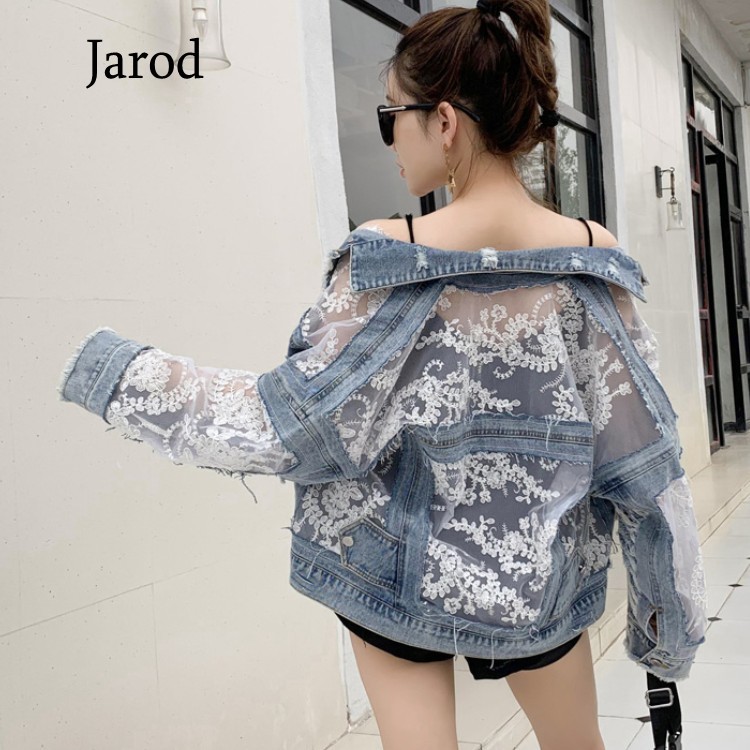 

Fashion Women Hole Denim Jackets Coat Spring Summer Jean Patchwork Lace Embroidery Thin Loose Jackets 210518, Blue