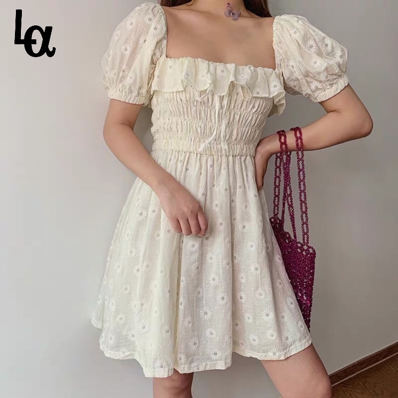 

Sexy Ruffles Women Puffed Sleeves Dress Square Neck Bow Slim Waist Floral Dresses Summer Girls Princess Pleated 210519, Beige