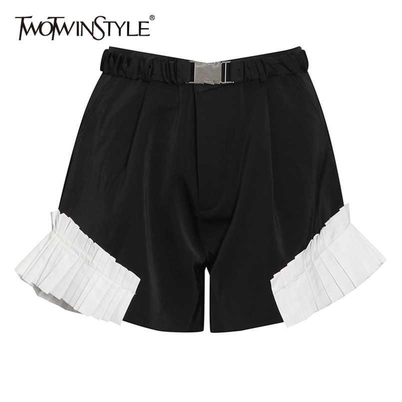 

Hit Color Patchwork Ruffle Short For Women High Waist Casual Loose Sashes Shorts Female Summer Fashion Clothes 210521, Black