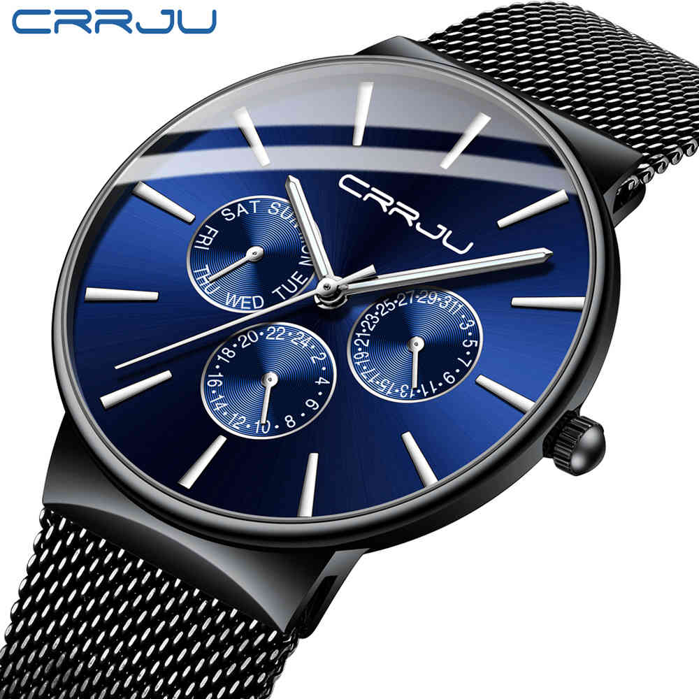 

reloj hombre Men Watches CRRJU Top Brand Luxury Waterproof Watch Ultra Thin Date WristWatch Male Mesh Strap Casual Quartz Clock 210517, Black black