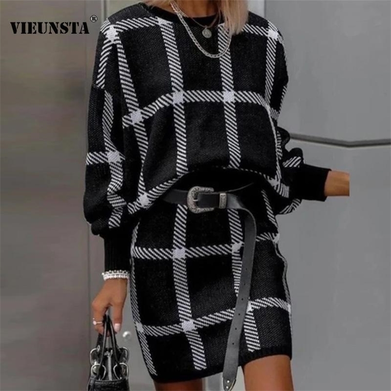 

Spring Elegant Plaid Print Suit Set Women Casual O Neck Pullover Sweatshirt & Mini Skirts Outfits Autumn Office Lady 2pcs Sets 211109, Khaki(no belt)