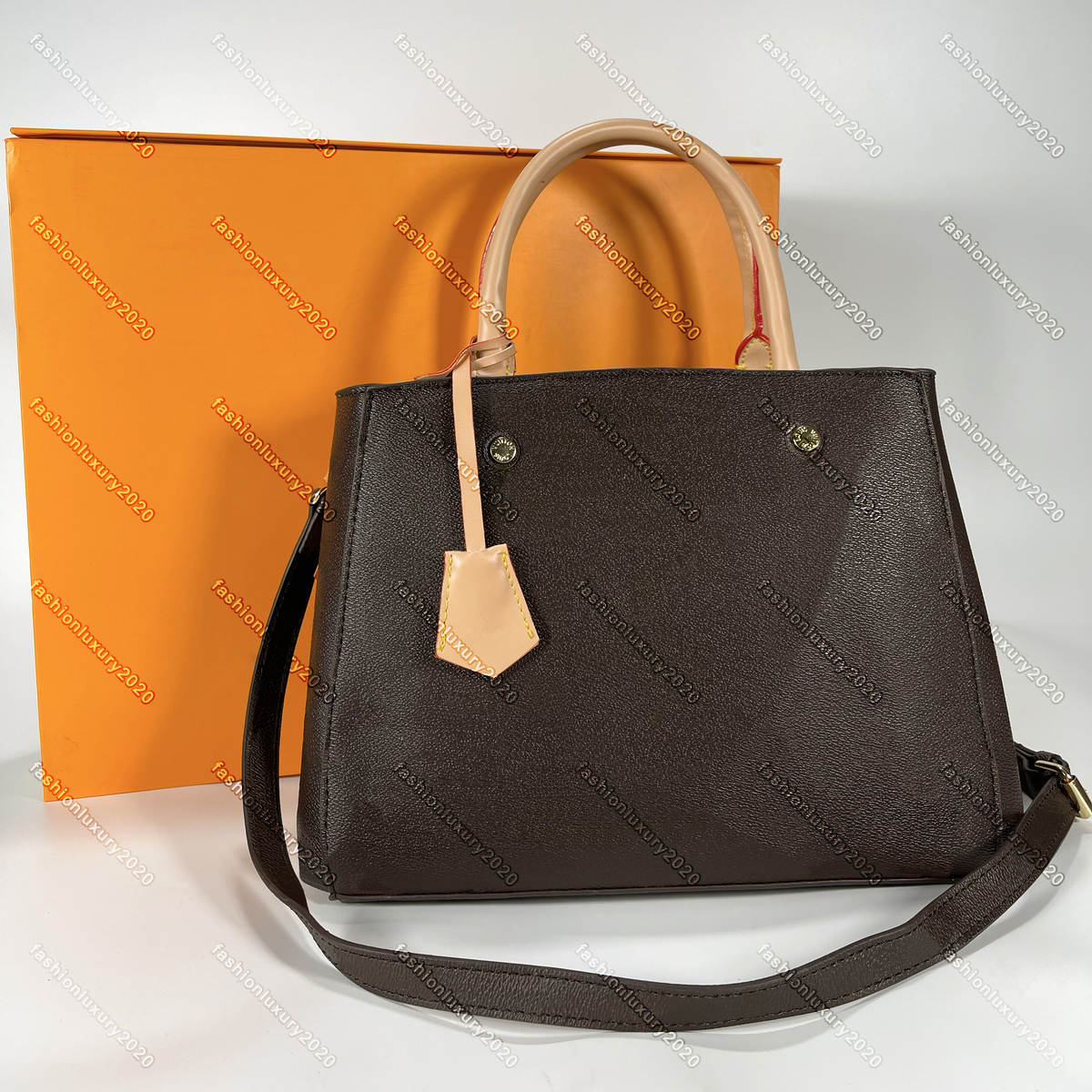 

Top Quality Women Tote Brown Flower Black Embossing Shoulder Bags Messenger Handbag Leather Strim Handles with Strap Crossbody Bag 33CM