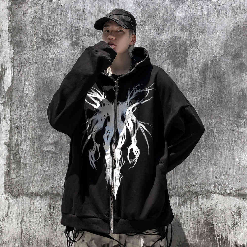 

Sweatshirts Dark wind Abstract print hooded cardigan sweater mens high street hip hop trend loose long sleeve zipper coat Hoodie, Black