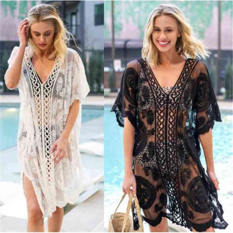 Women&#039;s Swimwear Lace Embroidery Beach Pareo wear Swim suit Cover up Playa Tunics for Tunic Women Hollow Cover-Ups BZN6-image-692956586