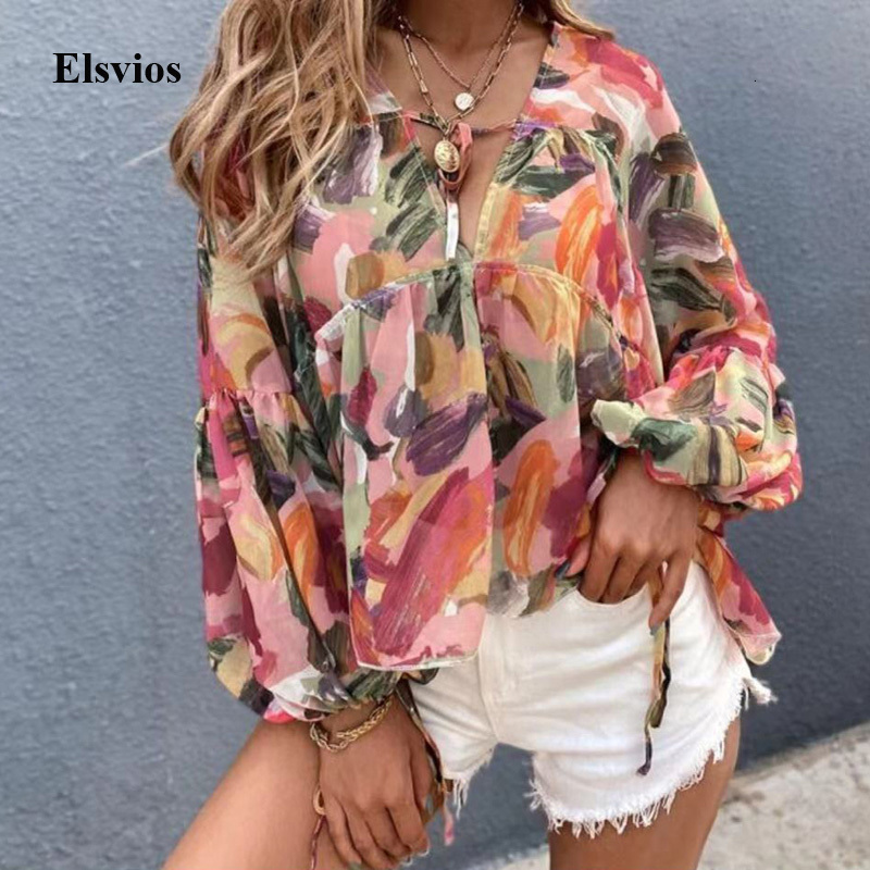 

Women's Blouses & Shirts 2021 Fashion Retro Print Chiffon Shirt Elegant Lace-up Ruffle Women Tops Blusas Spring Summer V-Neck Batw, 01