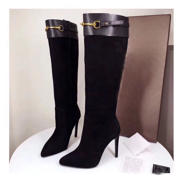 

Luxurious Brand Womens High Heel 10CM Boots Sheep Suede Pointed Toes Autumn Winter Thin Heels Knight Cow Leather Slip On Shoes Size 35-41, With brand logo