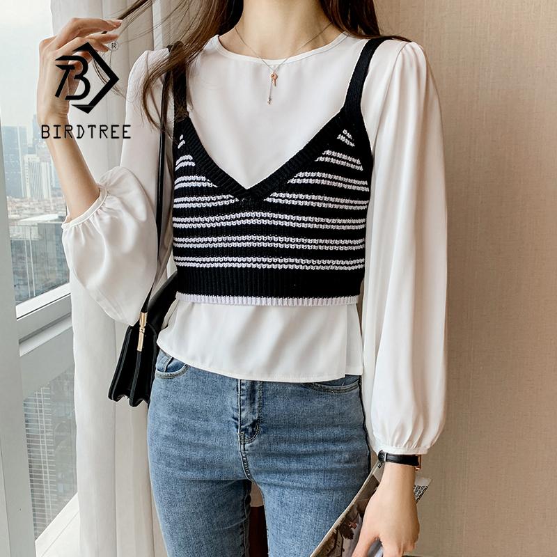 

Women's Blouses & Shirts Spring Womens 2-pieces Sets Korean Style Solid Chiffon Blouse + Striped Knitted Vest Vintage Loose Casual Tops Lady, White