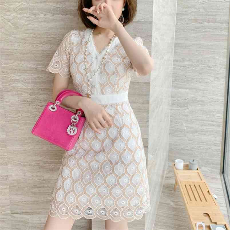 

Sweet Ladies Embroidery Lace Dress Summer Women Fashion Elegant V-Neck Short Sleeve Slim Mini Dresses Vestidos 210519, White