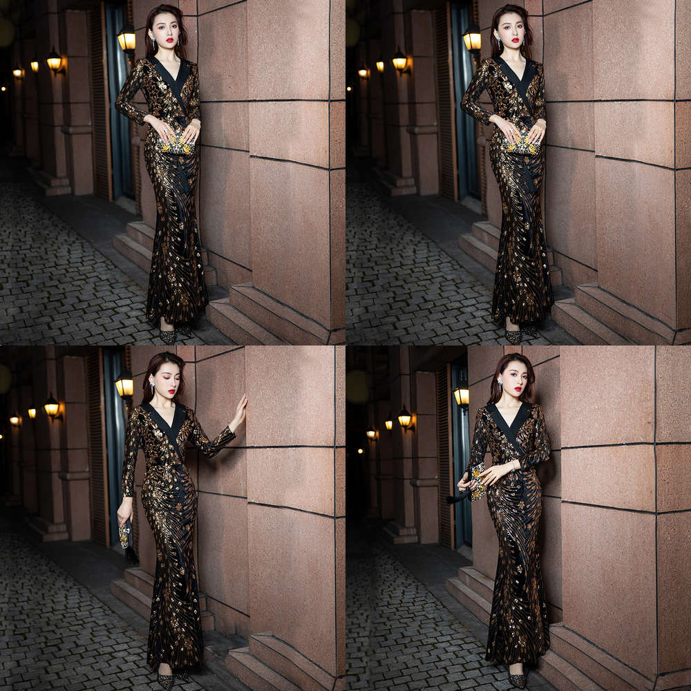 

i2021temperament Evening women Sequin banquet new high end annual meeting black fishtail skirt texture elegant drs, White;black