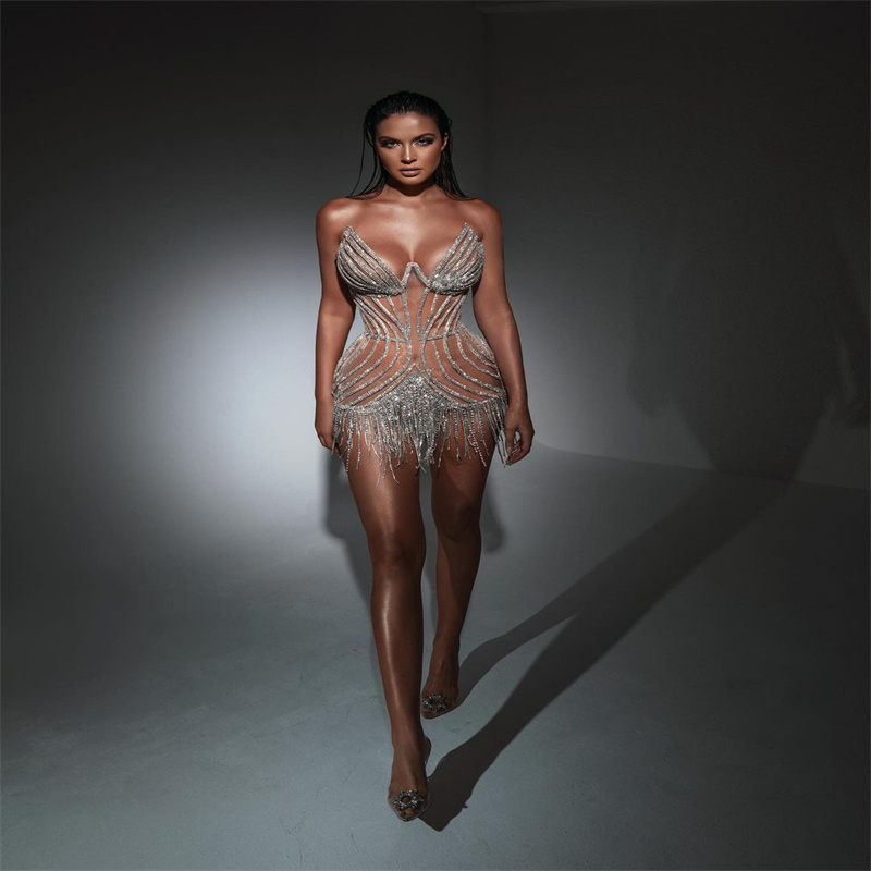 

Glitter Cocktail Evening Dresses Tassel Off Shoulder Sleeveless Prom Gown Custom Made Formal Party Mini Above Knee Length Vestido de novia, Hunter green