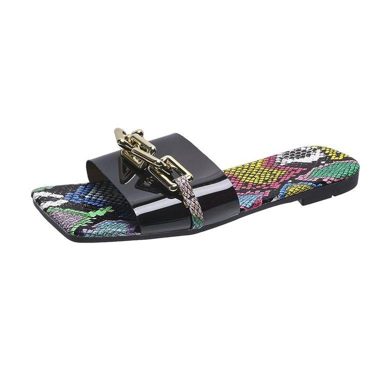 

Slippers 2021 Women Fashion Chain Shoes For Woman Causal Square Tor Ladies Flats Slides Female Flip Flops, Black