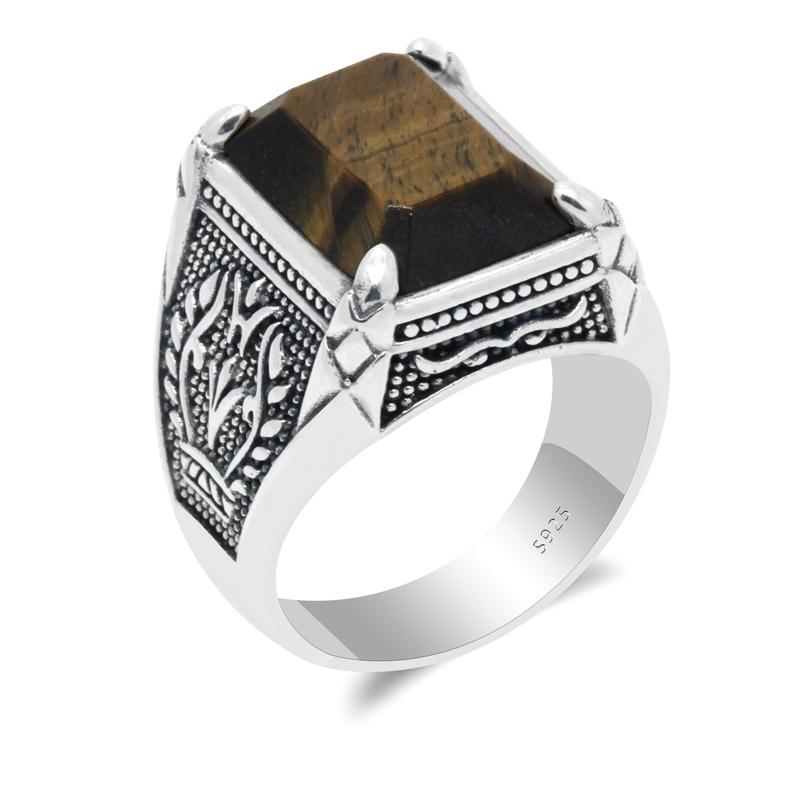

Cluster Rings Real 925 Sterling Silver Tiger Eyes Stone Ring For Men Natutal Gemstone Vintage Retro Punk Engraved Flower Jewelry Gift