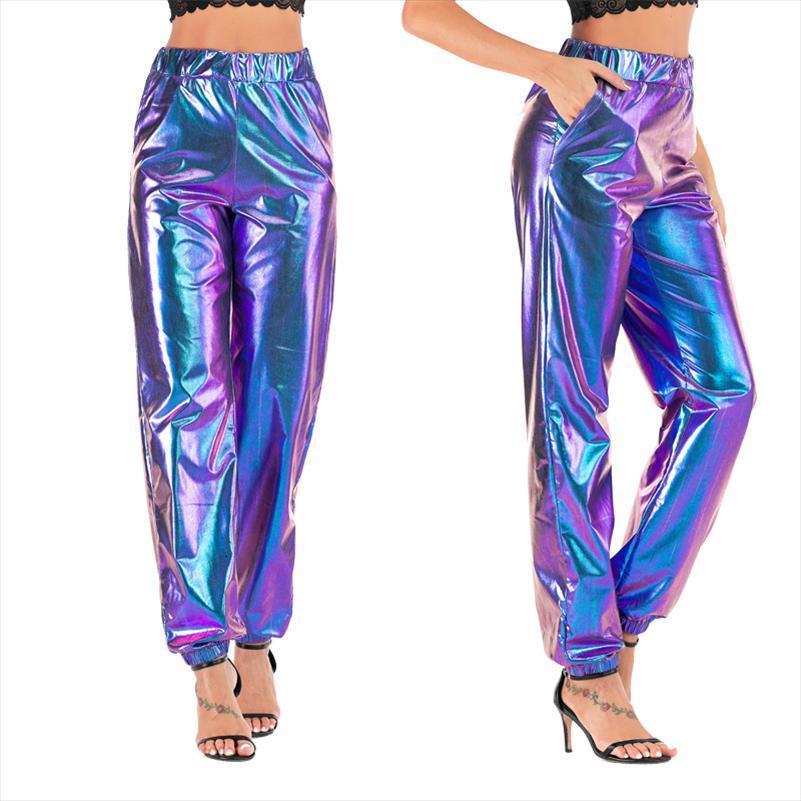 

Solid Fluorescent Shiny Leggings Women Pant High Elasticity Casual Trousers Silver Gold Legging Hip Hop Holographic Ladies, Black;white