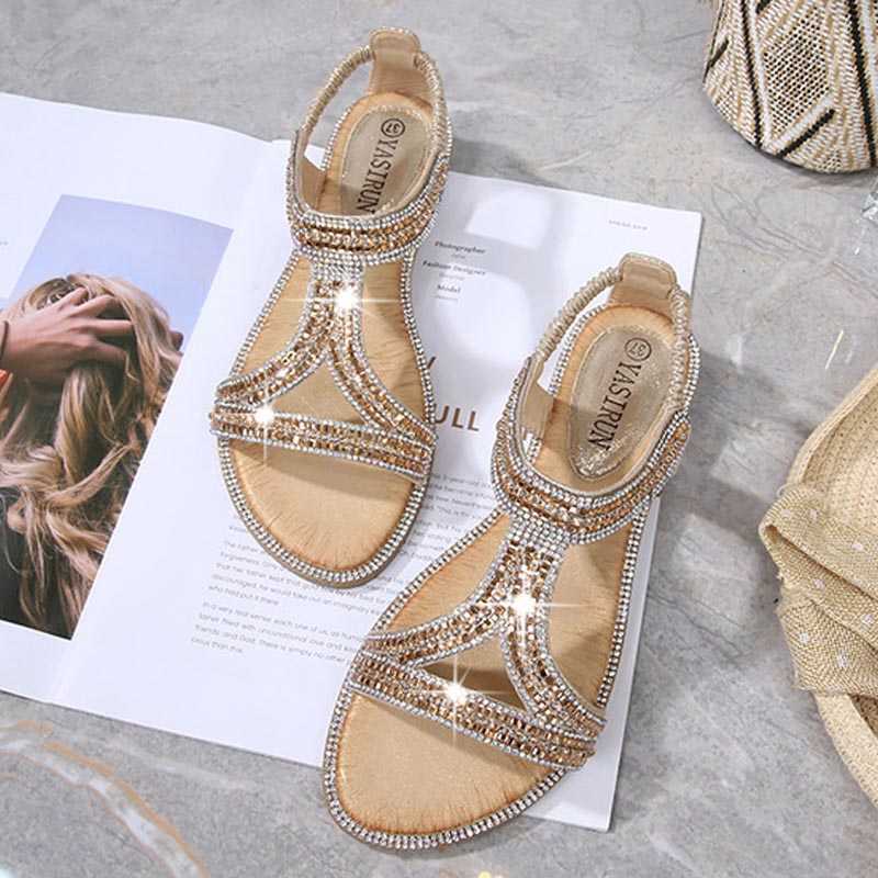 

Summer Woman Sandals 2021 New String Bead Flip Flop Metal Wedge Beach Sandals for Lady Shoes Sapato Feminino Y0721, Rose gold