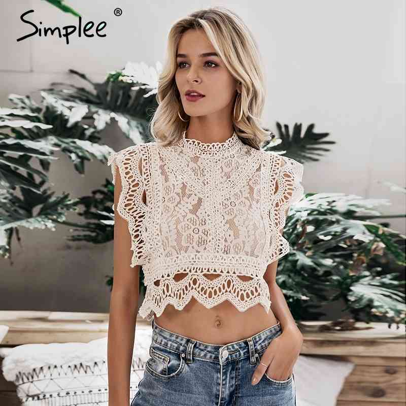 

Simplee Elegant lace mesh embroidery women tank tops Hollow out summer party cami tops Sexy ruffled streetwear female tops 210414, Apricot