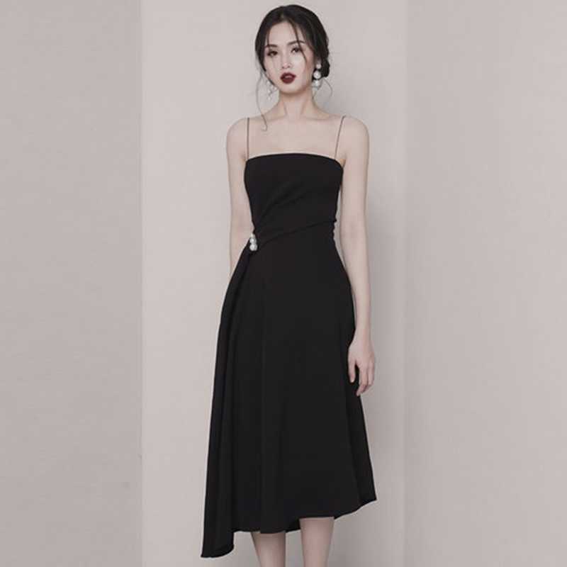 

Women Red Spaghetti Strap Party Midi Dress Runway Spring Beading Sexy Backless Slim Asymmetrical Strapless 210525, Picture color