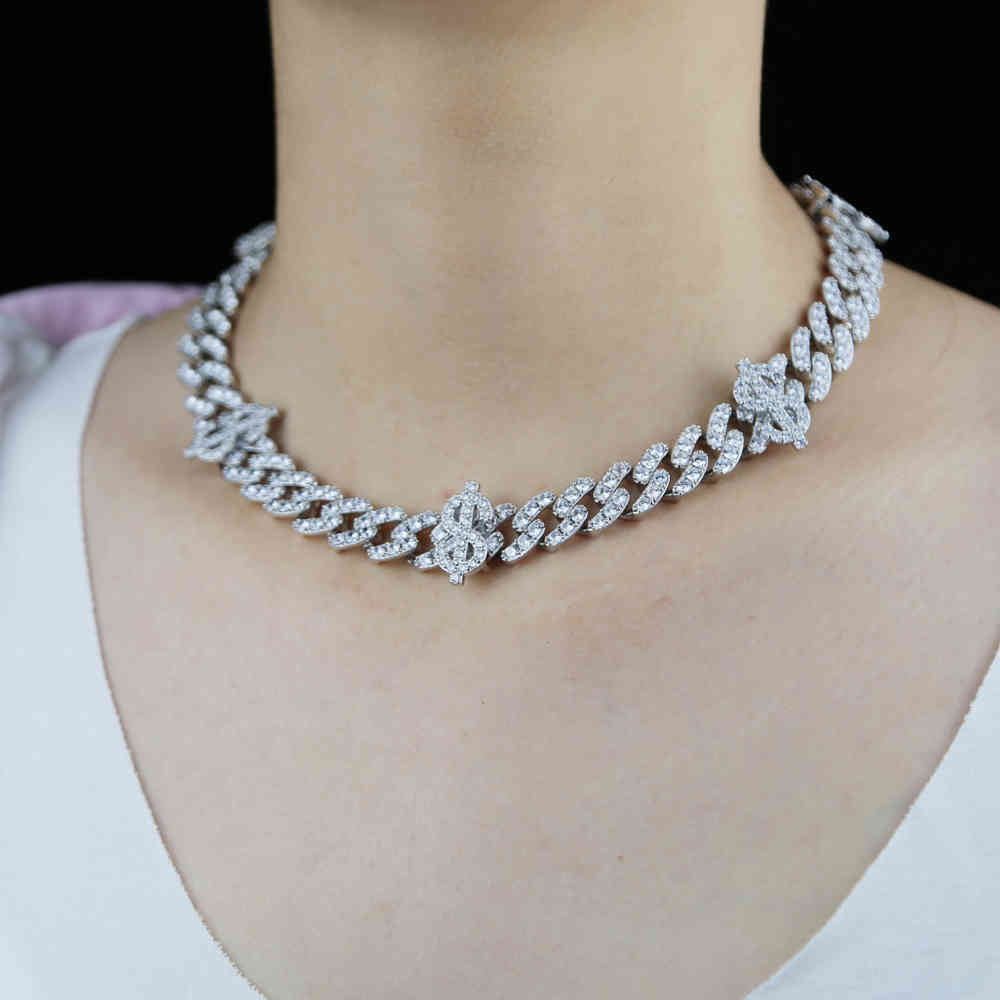 

Iced out Cz paved US Dollar Sign Charm Choker Hip Hop Necklace With High Quality Cubic Zircon paved 12mm Cuban Chain Jewelry X0509