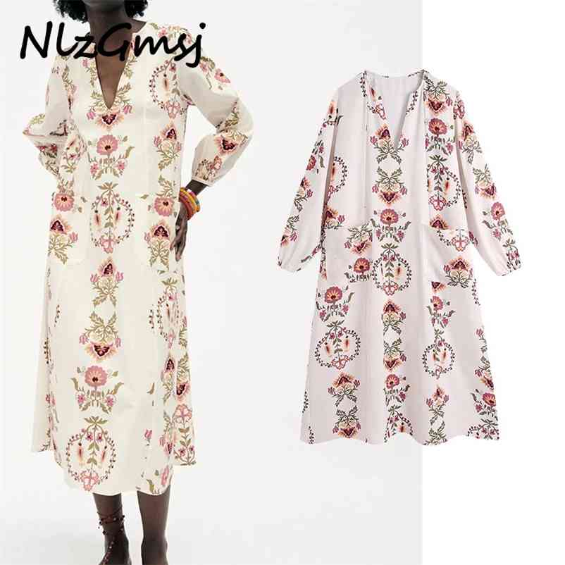 

Dres Vintage Flower Print Long es Woman V Neck Sleeve Robe Chic Loose Casual 06 210628, As picture