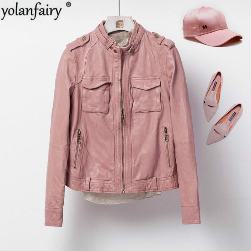 

Women's Leather & Faux 2021 Genuine Jacket Women Real Sheepskin Pink Motorcycle Coat Ladies Short Cuero Genuino 8729 Pph427, Black