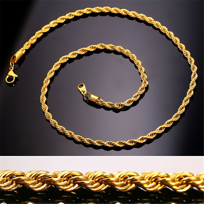 

Gold Chains Fashion Stainless Steel Hip Hop Jewelry Rope Chain Mens Necklace